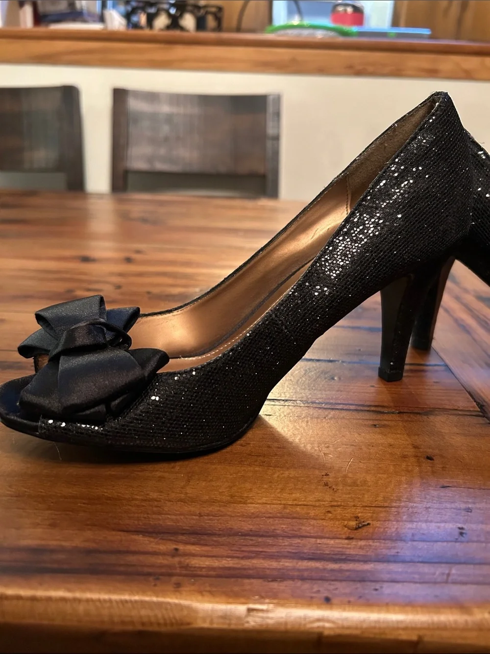 Mootsies Tootsies Black Glitter Peep-Toe Heels with Bow Accent